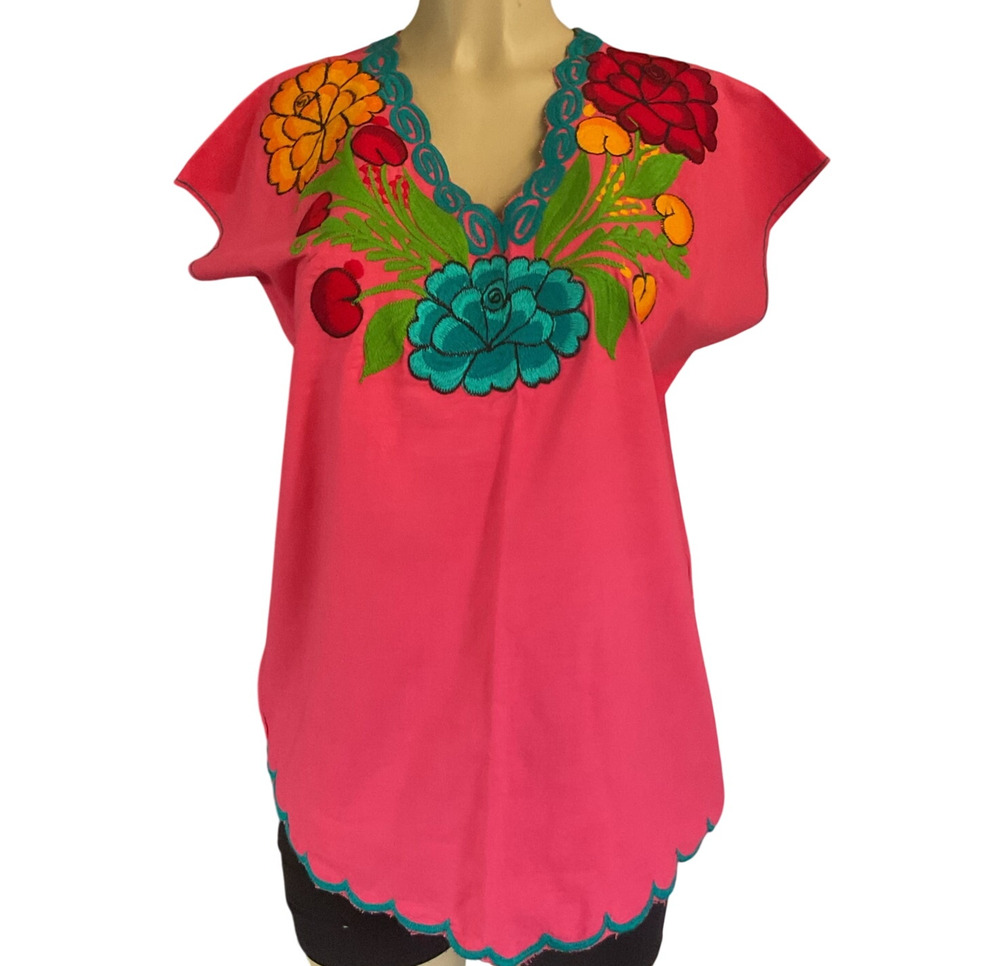 Blouse Pink Artisanal Floral Top Pink Embroidered Mexican from Chiapas Folk Art